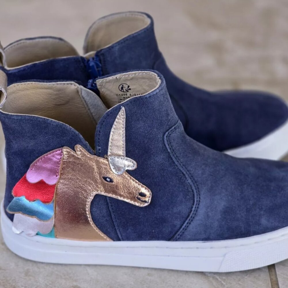 Mini Boden Girl's Navy Suede Unicorn Rainbow Short Zip-up Boots EU 35 US 3